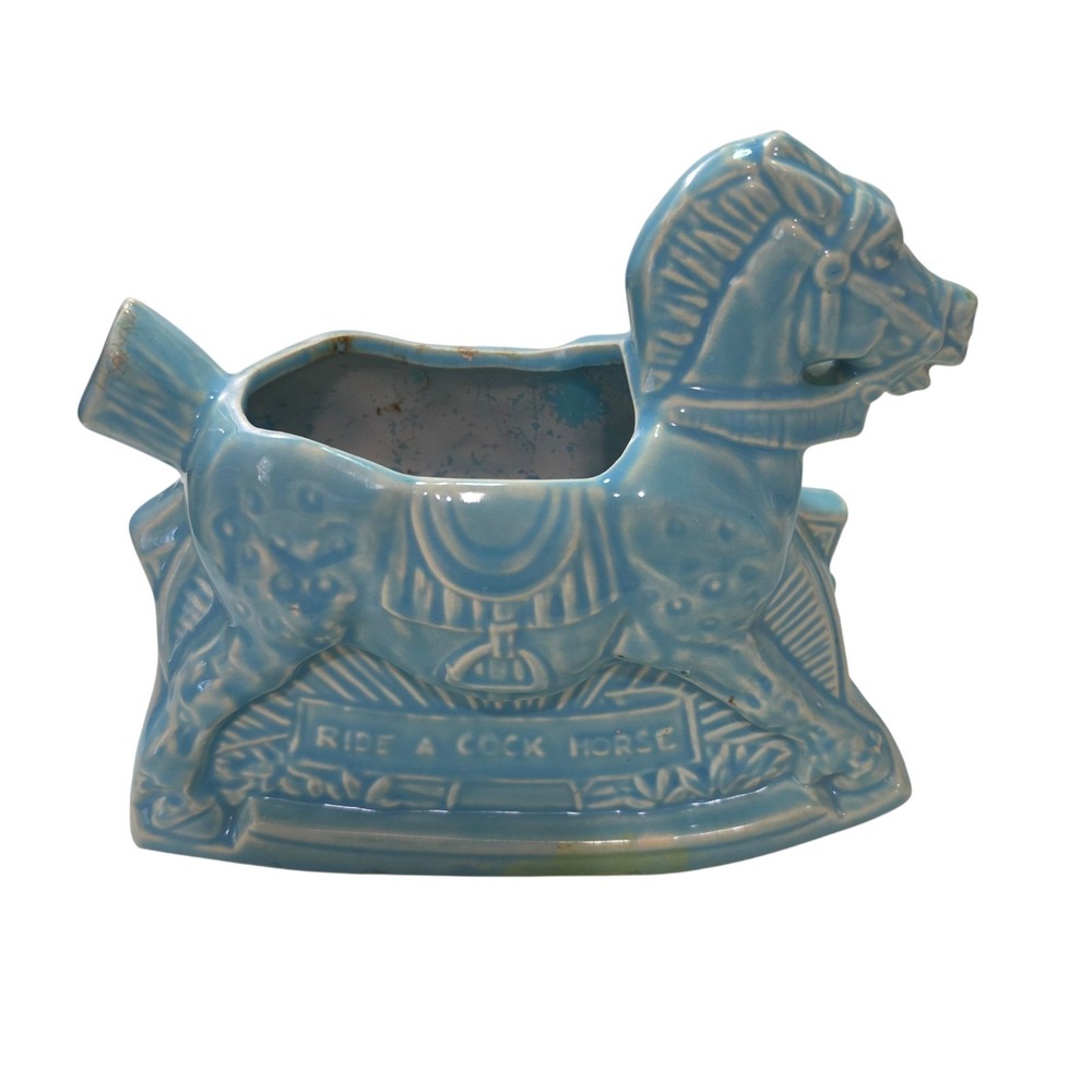 Rare Vintage 1950s McCoy USA Blue Planter To Banbury Cross Rocking Horse